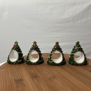 Christmas Napkin Rings Set of 4 Festive Holiday Decorated Christmas Tree Shaped